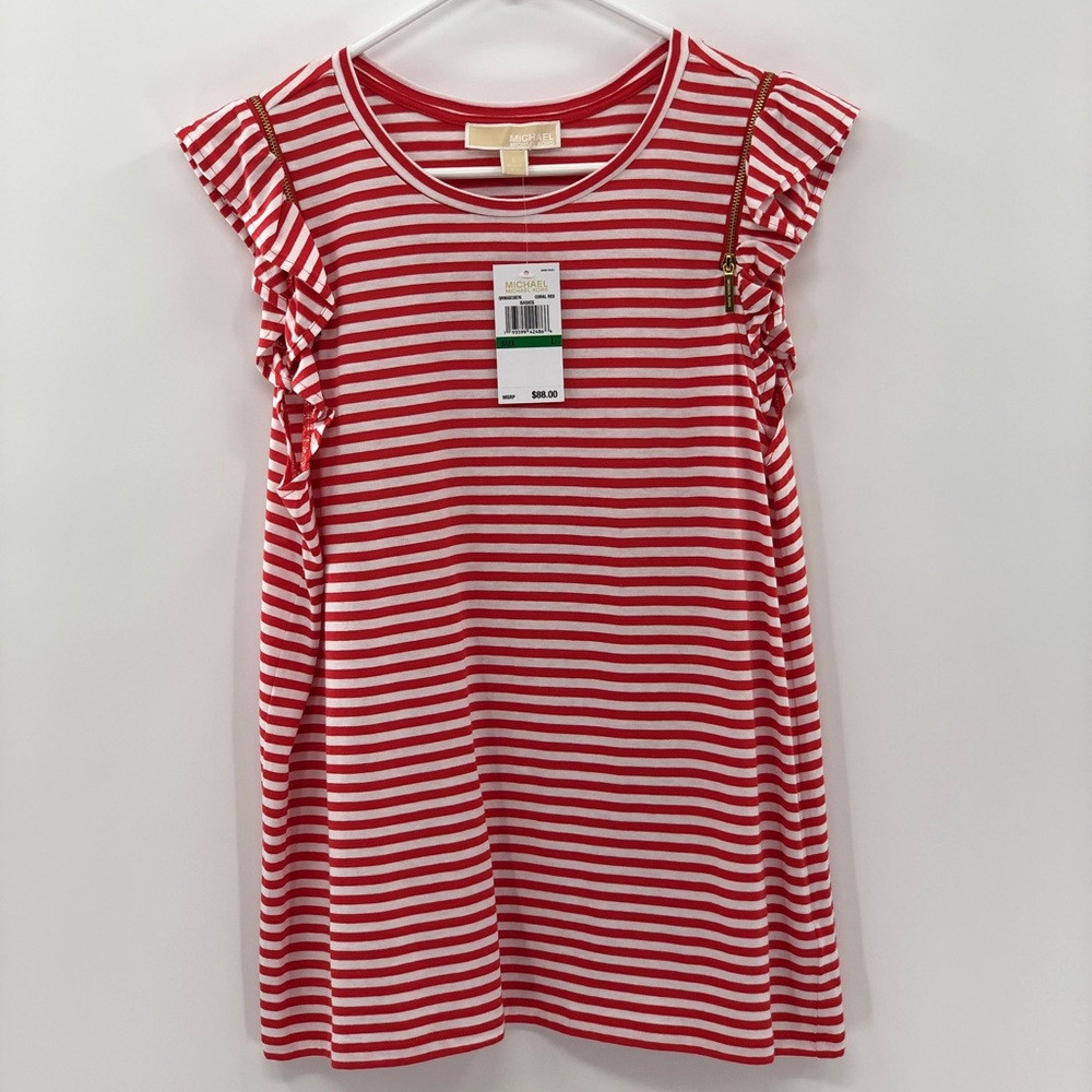 Micheal Micheal Kors Sleeveless ‘Coral Red’ Stripped Blouse Woman’s Size Large
